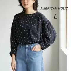 【アメリカンホリック】バックボタンジョーゼットブラウス(L)黒 ゆったり 7分袖