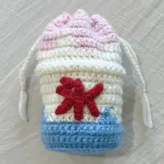 巾着　ポーチ　かき氷　いちご　苺　イチゴ　夏　ハンドメイド　編み物　かぎ編み