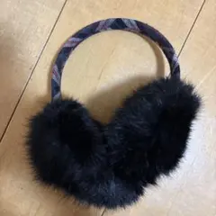 ファーイヤーマフ 【黒】耳当て イヤーウォーマー ふわふわ 小顔 防寒　チェック