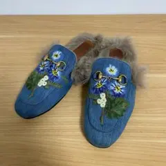 グッチ　プリンスタウン　フラワーエンブロイダリー　デニム　ホースビット　スリッパ