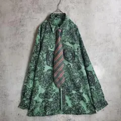 【ネクタイシャツ】 総柄 グリーン チェーン柄 ジャガードタイ ゆるダボ 古着