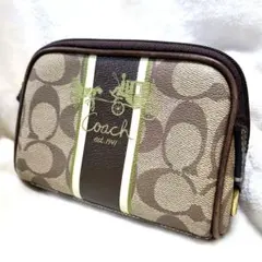 美品　COACH コーチ　シグネチャー　ポーチ　ブラウンレザー　コスメ