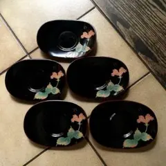 沖縄 琉球漆器 小皿 5客セット 花絵 黒漆 普段使いに