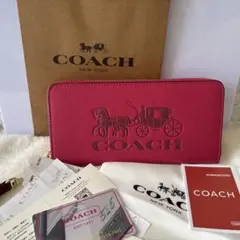 COACH 長財布 ピンク ストラップ付 ホースアンドキャリッジ - メルカリ