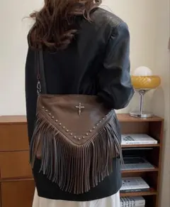 SHEIN クロスモチーフ フリンジ ショルダーバッグ ブラウン