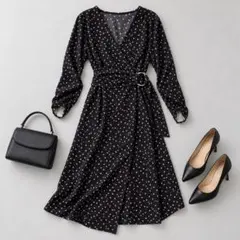 ZARA BASIC ドット柄 カシュクールワンピース リングベルト 紺
