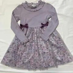エニィファム　花柄　チュールワンピース　紫　パープル120 リボン