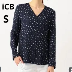 美品 iCB オンワード樫山 S ネイビー 変形ドット Vネック 長袖ブラウスのサムネイル