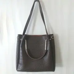 【美品】ダークブラウン クロコダイル風 型押し ショルダーバッグ