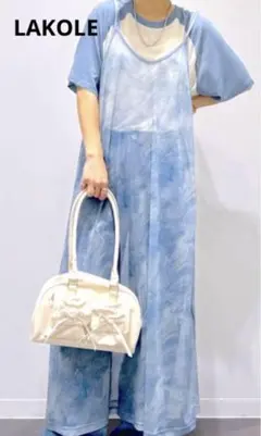 【LAKOLE ラコレ】カットメッシュプリントワンピース 透け柄 ブルー