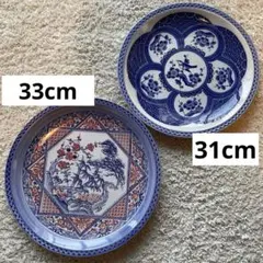 2枚セット大皿31cm,33cm九谷焼・染付（松竹梅／梅に鶯）和食器 縁起物