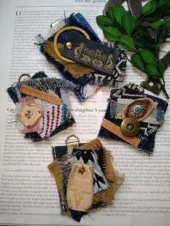 ●限定●ハンドメイド●デニムリメイク＆革タグ4個セット0353●