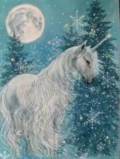 雪の夜のユニコーン　絵画アート原画　ハンドメイドパステル画