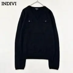 【インディヴィ】　ニット　3L　ウール　Vネック　黒　大きいサイズ　ポケット