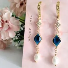 フックピアス スクエア ジルコニア 淡水パール ひし形クリスタルチャーム