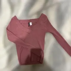 H&M リブ編みピンクVネック長袖セーター