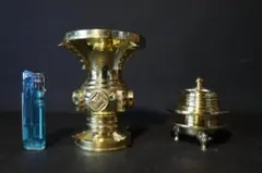 限定値下【収集品】仏具セット　真鍮製　香炉　花立　お磨き不要シール　1004