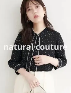 natural coutureねじり配色ボウタイ7分袖ブラウス　黒ドットのサムネイル