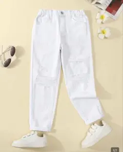 【SHEIN】ホワイトダメージデニムパンツ 11-12Y