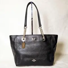 COACH コーチ トートバッグ ブラックレザー×ゴールドチェーン 保護袋付