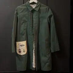 緑色コットンロングコート刺繍ポケット付き