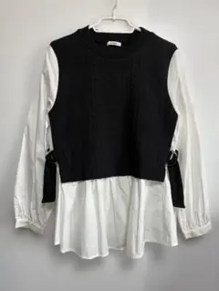 黒色ニットベスト　ドッキング白色ブラウス　サイドベルト付き　Mサイズ