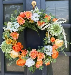 優しいオレンジのラナンキュラスリース 母の日リース 春リース 造花