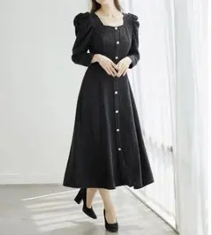 tocco closet パール飾り釦付きパワーショルダーラメツイードワンピース