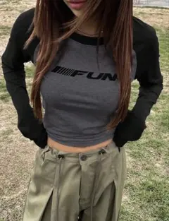 FUN ロゴ ラグラン 長袖 Tシャツ グレー ブラック
