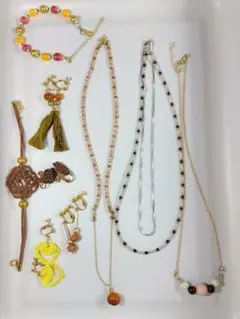 アクセサリーセット 9点 まとめ売り 水引 ビーズ 赤 オレンジ イエロー 石