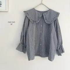 Hok trish ビッグフリルカラーギンガムチェックブラウス　ブラック4466