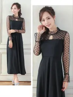 ブラックドレス XL 長袖ドット柄