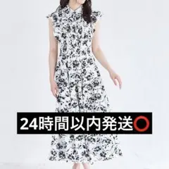 フリル付きアシメティアードウエストシャーリングモノトーンフラワーシャツワンピース