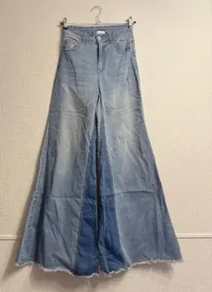 デニム フレアワイドパンツ パネル切替 フリンジ裾 個性派 海外古着