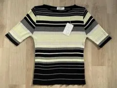 ボーダー リブニット トップス 半袖 ライトグリーン マルチカラー　日本製　M