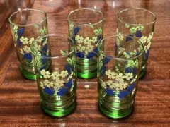 昭和レトロ ADERIA アデリア ガラス グラス グリーン 花柄 5個