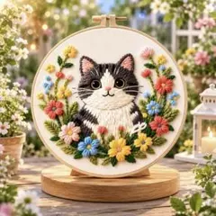 №480 三毛猫さんと風船 手刺繍フレーム 刺繍フレーム ハンドメイド