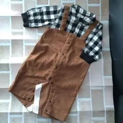 70cm コーデュロイ チェック柄シャツ ロンパース 男の子