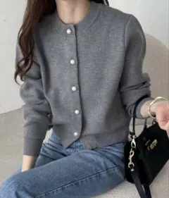 andme パールボタン無地ボーダー長袖ニットカーディガン