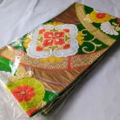 帯 花柄 緑 金