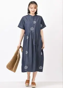Rps デニム花柄刺繍 半袖シャツワンピース