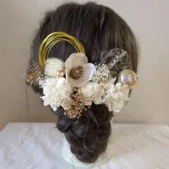 髪飾り 成人式　ドライフラワー ゴールド×ホワイト　水引　和玉