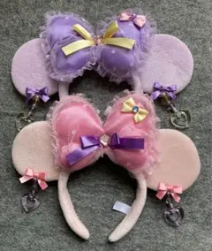 ディズニー　カチューシャ　イヤリング　ピンク　紫　リボン　ミニー　ペア　レース