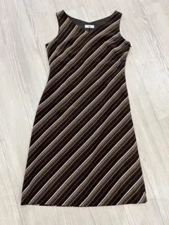 レディース　ワンピ　ロング　ワンピース　ストライプ　ベージュ　ブラウン