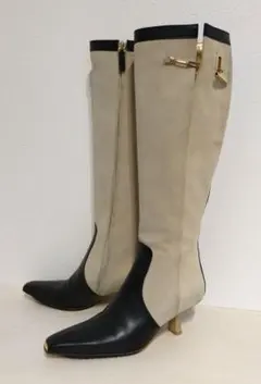 GUCCIブーツ、35C ベージュスエード、黒カーフコンビ　ゴールドチェーン