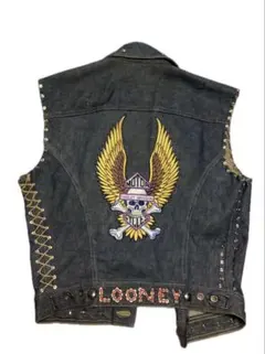 ビンテージ ジージャン デニムベスト バイカー ハーレースカル ワッペン パッチ
