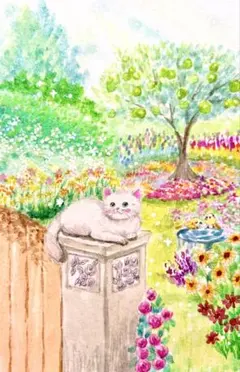原画 水彩画 お庭で寛ぐ猫さんと小鳥たち ※900円です