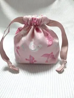 16　鳥 バード 柄　ピンク　ミニ巾着　小物入れ　ハンドメイド プレゼントにも