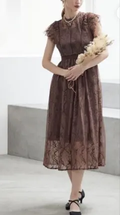 Dorry Dollフラワーレースパイピングデザインドレスブラウン M