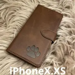 iPhoneX.XS 手帳型スマホケース　レザー　茶　肉球　犬猫　足あと